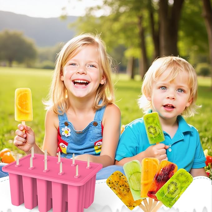Miaowoof Homemade Popsicle Molds, 10-Cav Non-BPA Silicone Ice Pop Maker, with 50 Sticks, 50 Bags, 10 Reusable Sticks, Funnel, Brush and Ice Pop Recipe (Pink)