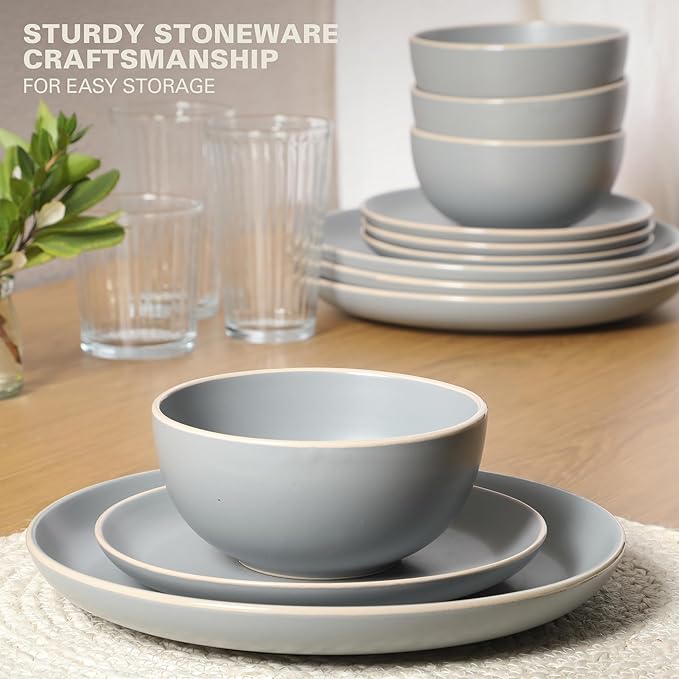 Gibson Home Rockaway 12-Piece Stoneware Dinnerware Set, Matte Finish, Service for 4, Modern Ceramic Plates and Bowls, Microwave & Dishwasher Safe – Soft Gray - Service for 4