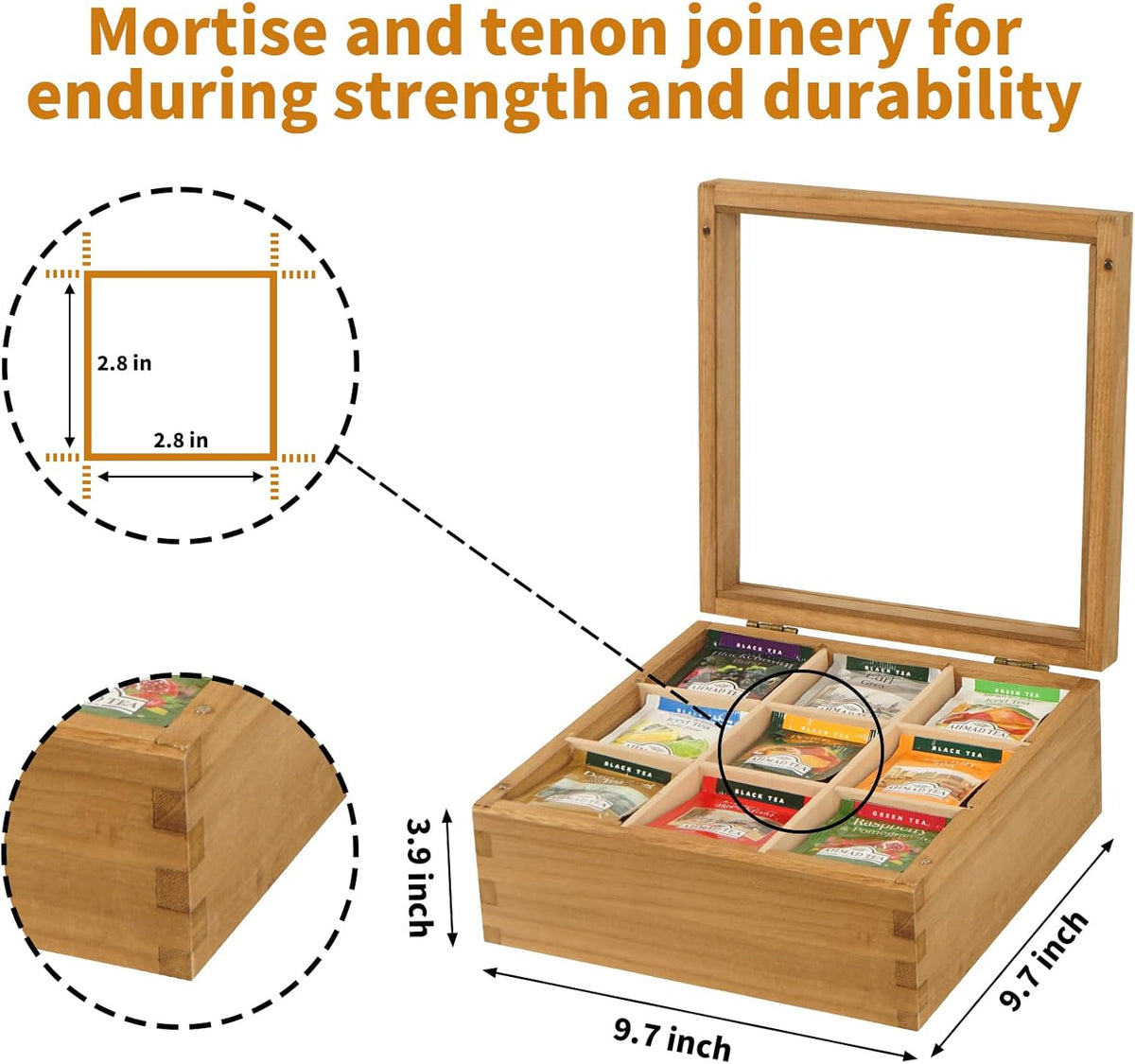 Wood Tea Bag Organizer, 6 Compartment Multi-Functional Tea Box and Storage Organizer for Tea Bags with Clear Acrylic Window
