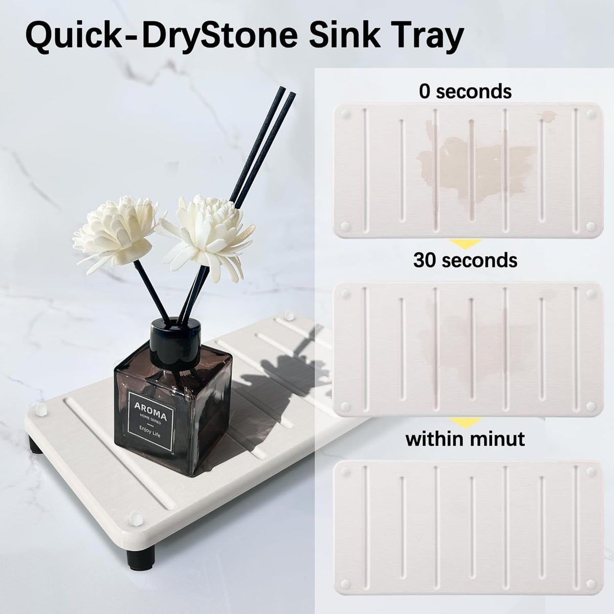 2PCS Water Absorbing Stone Drying Mat for Bathroom Sink & Kitchen Counter Organizer, Instant Dry Soap Dispenser Sponge Holder, Sink Caddy, Vanity Tray (8.66"x4.33"-White)
