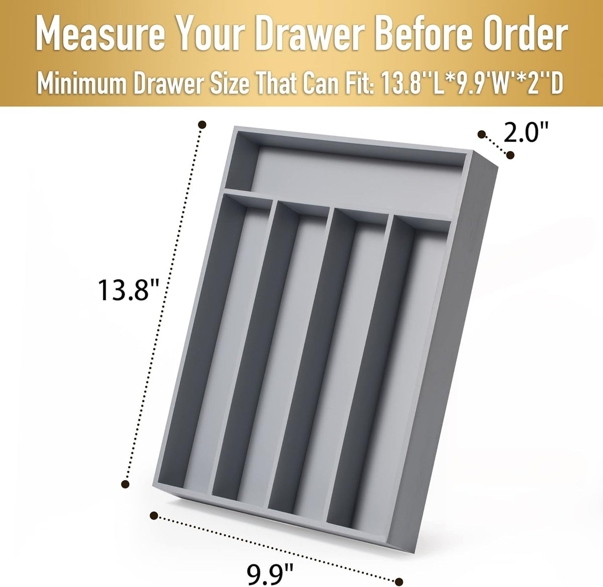 Bamboo Silverware Holder - Drawer Organizer with 5 Slots (Gray)