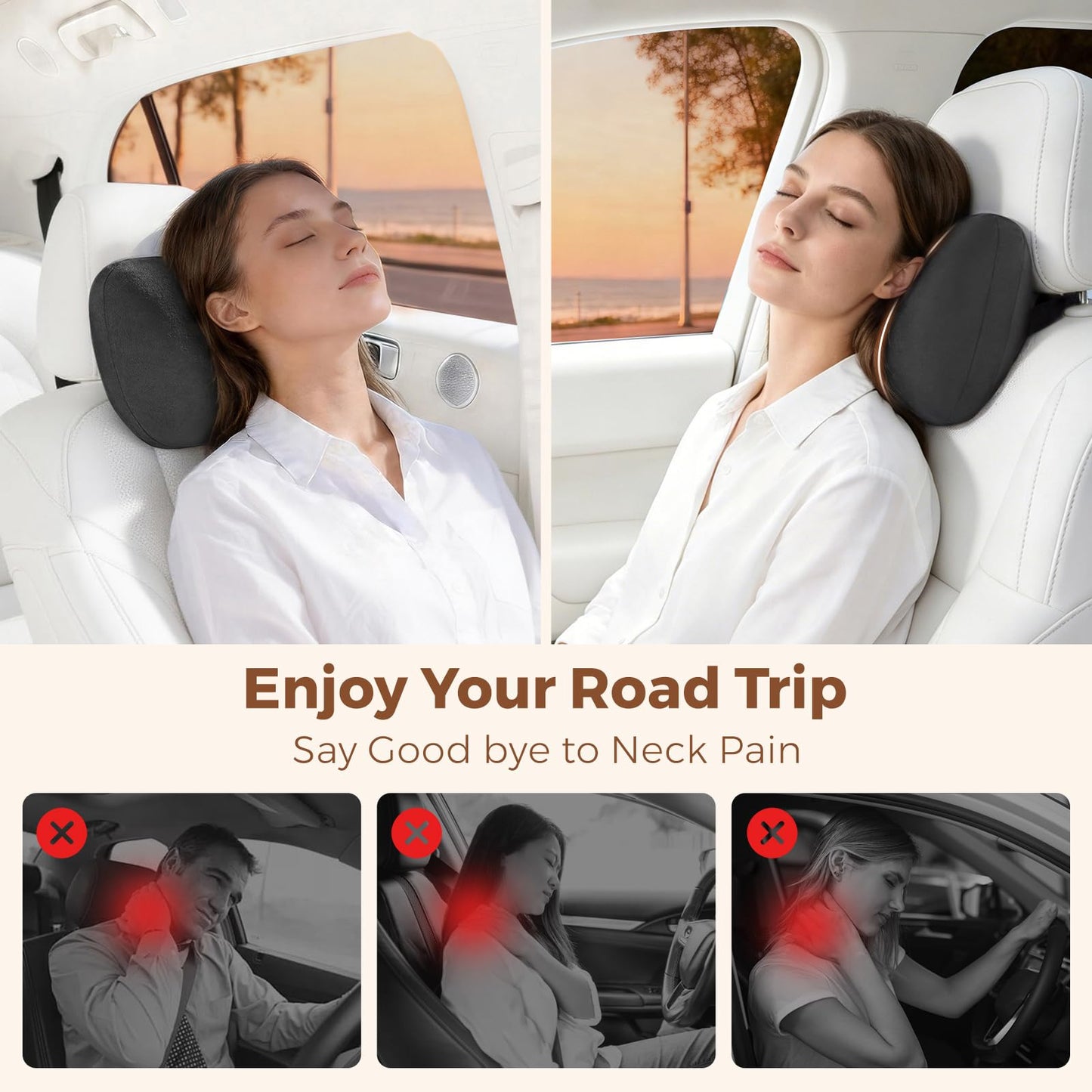 BEBAS Car Headrest Pillow with Adjustable Strap for Neck Support, Black