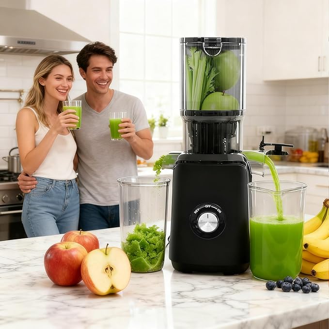 NEWBULIG Cold Press Juicer Machines, Masticating Juicer with High Juice Yield, Reverse Function, Stops Oxidation and Easy to Clean for Vegetables & Fruits, Black