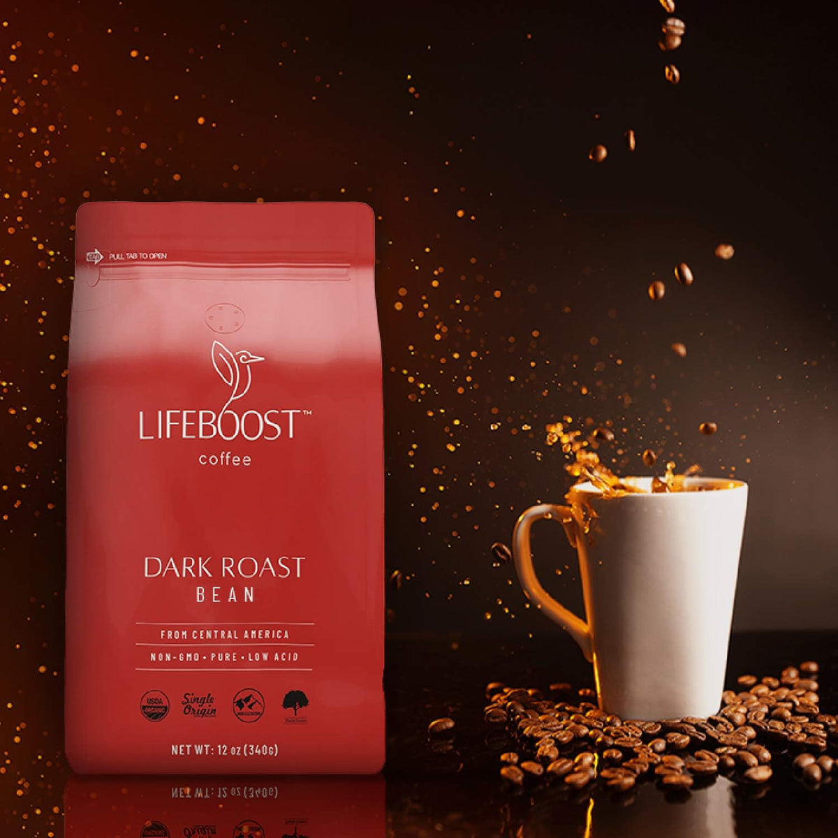 Lifeboost Dark Organic Coffee Beans - Single Origin Non-GMO Dark Roast Low Acid Coffee Beans - Third Party Tested For Mycotoxins & Pesticides - Whole Bean - 12 Ounces