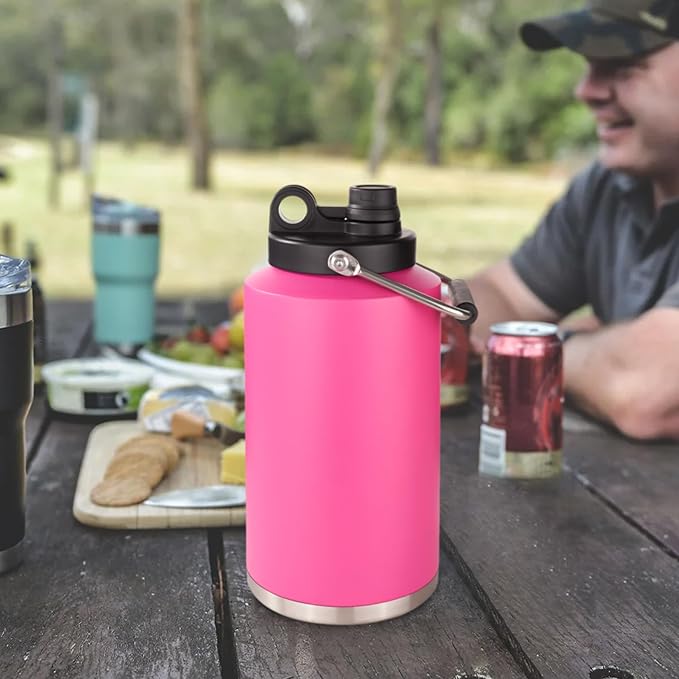 Kerilyn Insulated Gallon Jug with Handle, One Gallon, 128oz Stainless Steel, Large Double Vacuum Water Bottle for Hot & Cold Drinks, Wide Mouth, Sweat Proof, Great for Travel, Camping, Pink