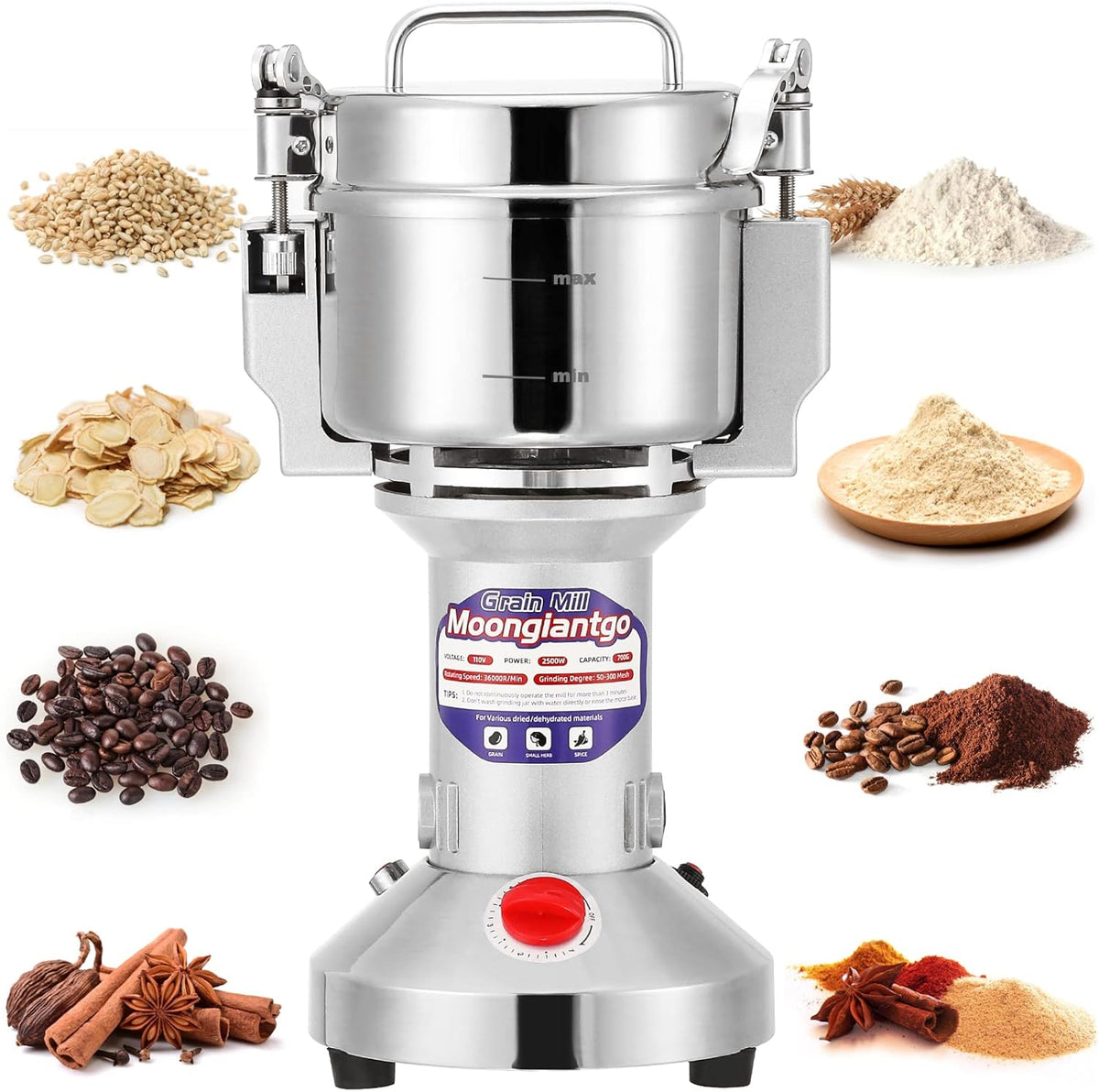 Moongiantgo Grain Mill Grinder Electric 700g Commercial Spice Grinder 2500W Stainless Steel Pulverizer Dry Grinding Machine for Wheat Corn Rice Pepper Herbs Coffee Beans (700g Upright, 110V)