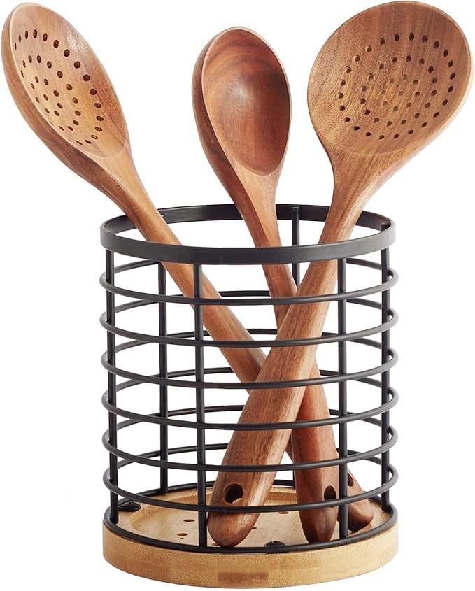 Utensil holder for Kitchen Counter - 5.2" x 5.2" x 6" Large Round with Wooden Base Matte Black Cooking Utensil Holder Utensil Organizer (Metal+Bamboo)