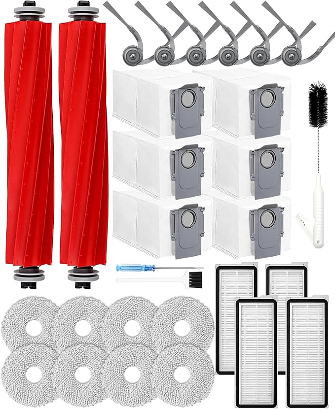 Yivy 29PCS Replacement Kit for Roborock QV 35A/QV 35S/QR 598/QR 798 Robot Vacuum Cleaner.2 Main Brushes 6 Dust Bags 4 HEPA Filters 6 Side Brushes 8 Mop Pads 1 Tank Brush 1 Brush 1 Screwdriver