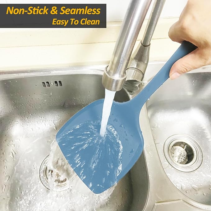 Silicone Pancake Spatula Turner with Lengthened Handle& Seamless Design, Heat Resistant Cooking Spatulas for Nonstick Cookware, Large Flexible Kitchen Utensils, Flipper for Egg, Pancake, Starry Blue