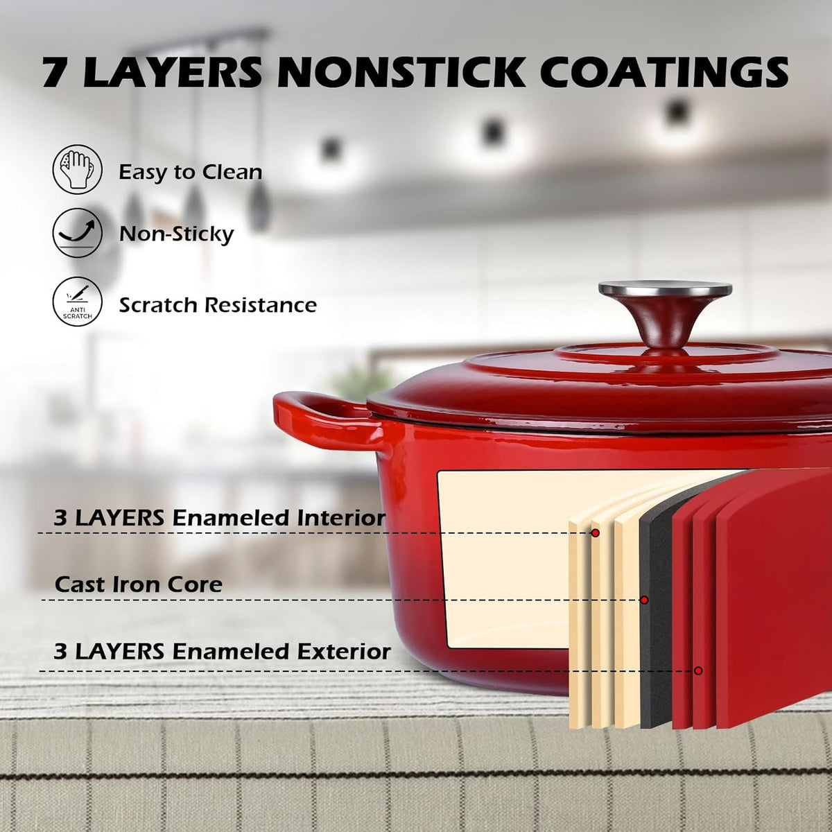 6 Quart Dutch Oven with Lid, Leonyo 6QT Enameled Cast Iron Dutch Oven for Sourdough Bread Baking, Heavy Duty Cookware for Braising, Stews, Roasting, Red