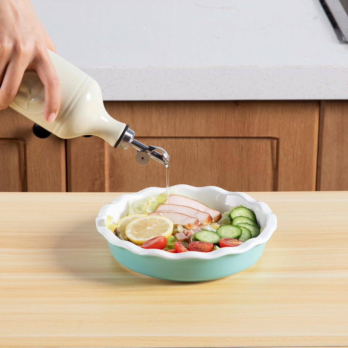 Sweejar 16 Oz Ceramic Olive Oil Dispenser Bottle, Oil Dispenser for Kitchen with Gravity Spout, Relief Opaque Oil Container for Evoo, Avocado Oil, Vinegar, Soy Sauce, 1 Pack(Beige, Silver Spout)