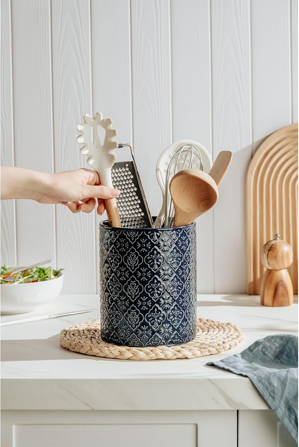 Kitchen Utensil Holder, 6x7 inch Large Ceramic Utensil Holder with Embossed Pattern, Cooking Utensil Crocks for Kitchen Countertop, Home Decor, Blue
