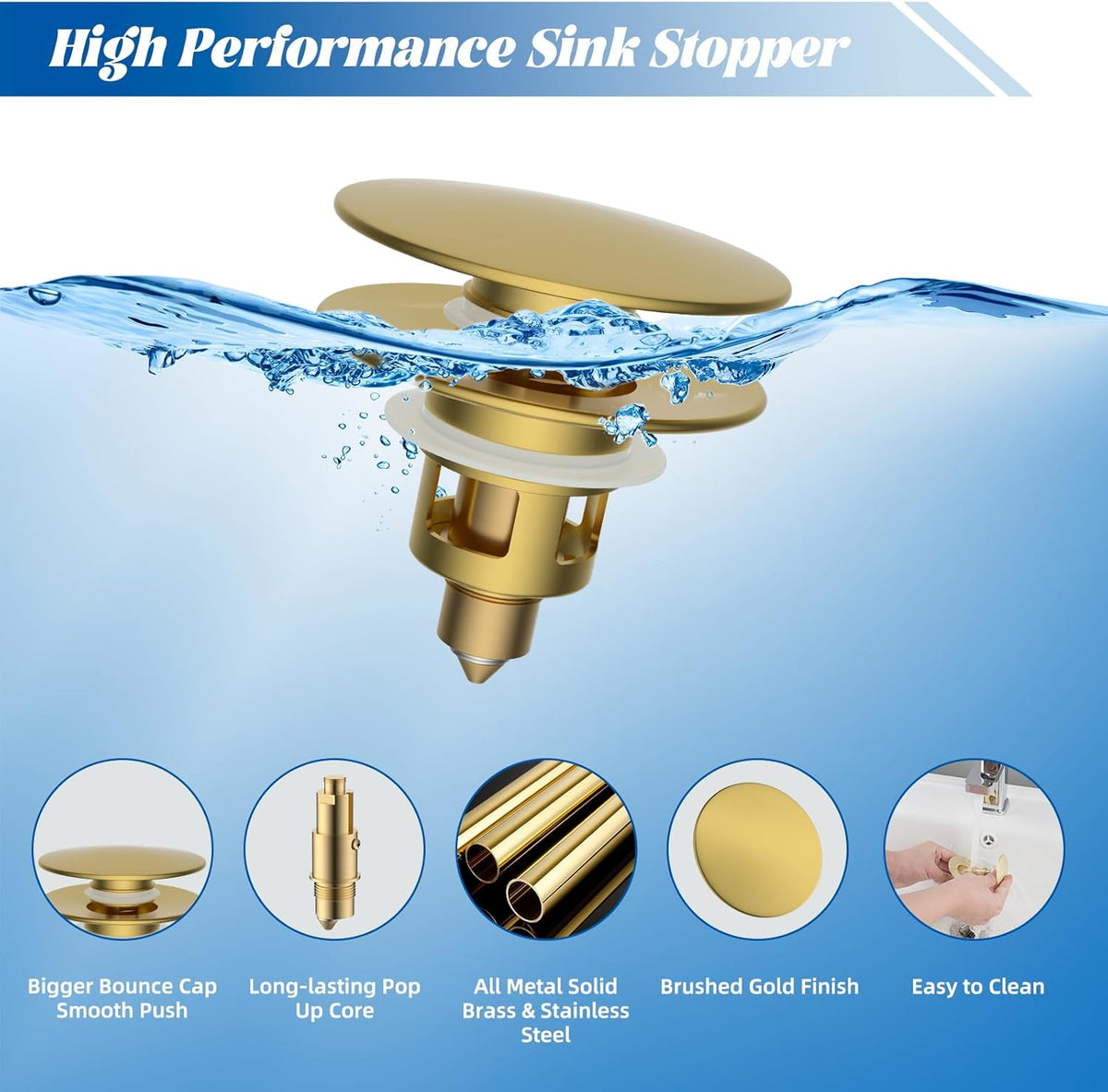 Hibbent All Metal 2 in 1 Bathroom Sink Stopper, Universal Pop Up Drain Strainer, Brass Bullet Core Push Type Sink Stopper for 1.1''~2.3'' Basin, Big Push Button, Anti Clogging Filter, Brushed Gold