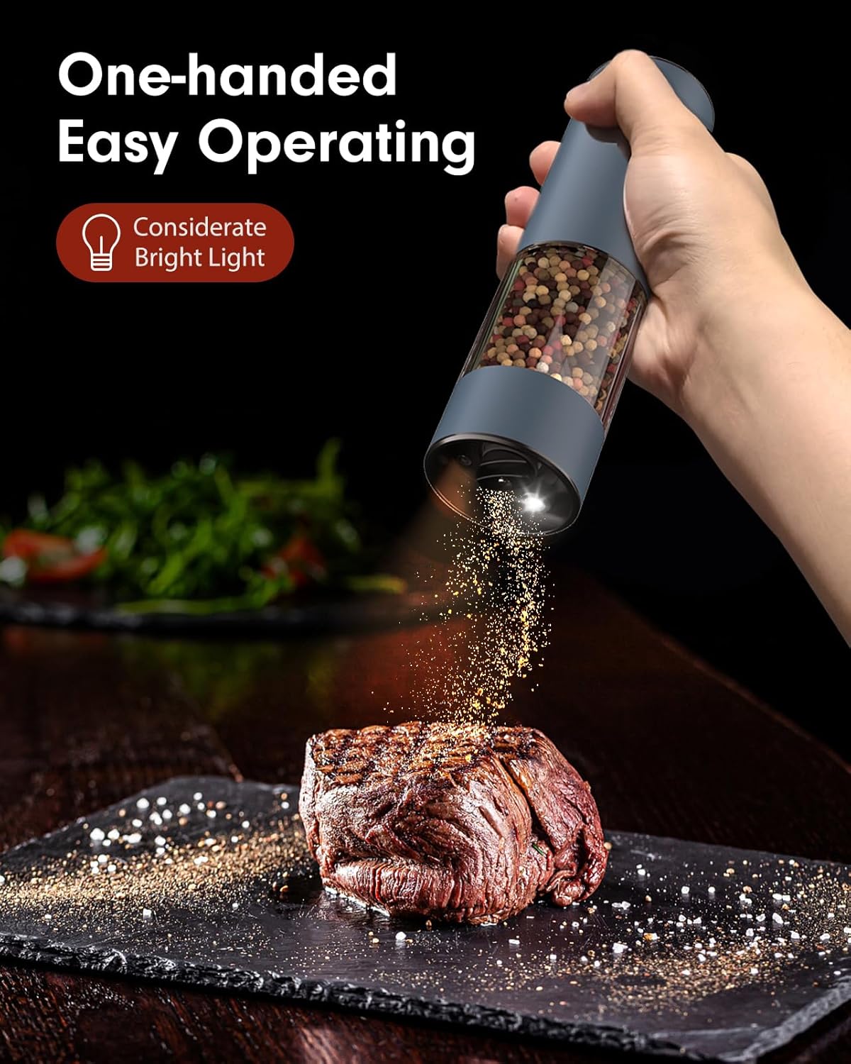 TOMEEM Upgraded Larger Capacity Electric Salt and Pepper Grinder Set Rechargeable with LED lights, Stainless Steel Automatic Pepper and Salt Grinder Refillable with 5 Adjustable Coarseness Blue