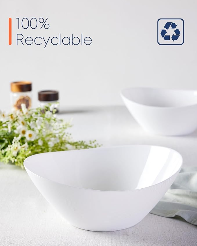 66 OZ Salad Bowl Set of 2, Opal Glass 10 inch Lightweight Serving Dishes for Salad, Fruit, Kitchen Microwave & Dishwasher Safe, Oval Shape White