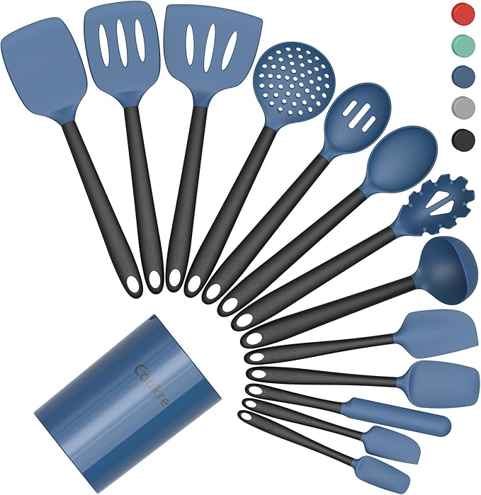 Coukre Silicone Kitchen Cooking Utensils Set with Holder – Heat-Resistant, Food-Grade Kitchen Tools, Spatula, Spoon & Gadgets for Non-Stick Pans, Dishwasher Safe (14, DarkBlue)