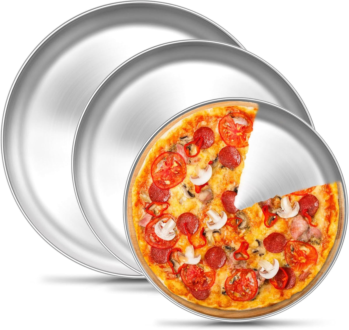 TeamFar Pizza Pan, 9 Inch, 10 Inch, 12 Inch Stainless Steel Pizza Pans Set, 3 Sizes Round Pizza Oven Baking Serving Plate Tray for Pizza Pie Cookie, Non-Toxic & Heavy Duty, Dishwasher Safe