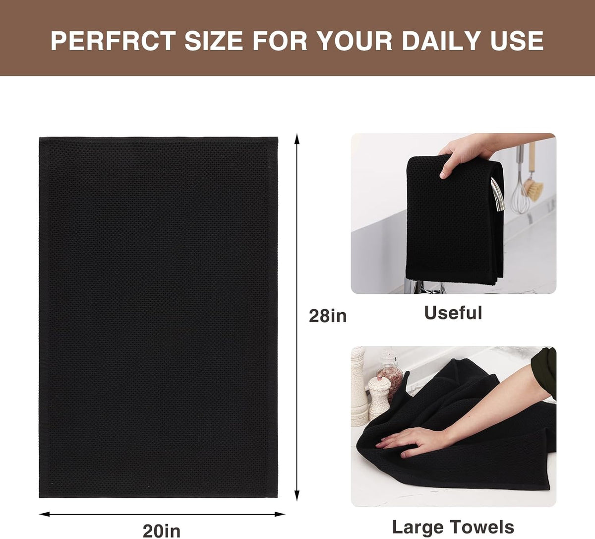 Homaxy 100% Cotton Oversized Waffle Weave Kitchen Dish Towels, Ultra Soft Absorbent Quick Drying Cleaning Towel, 20 x 28 Inches, 4-Pack, Black