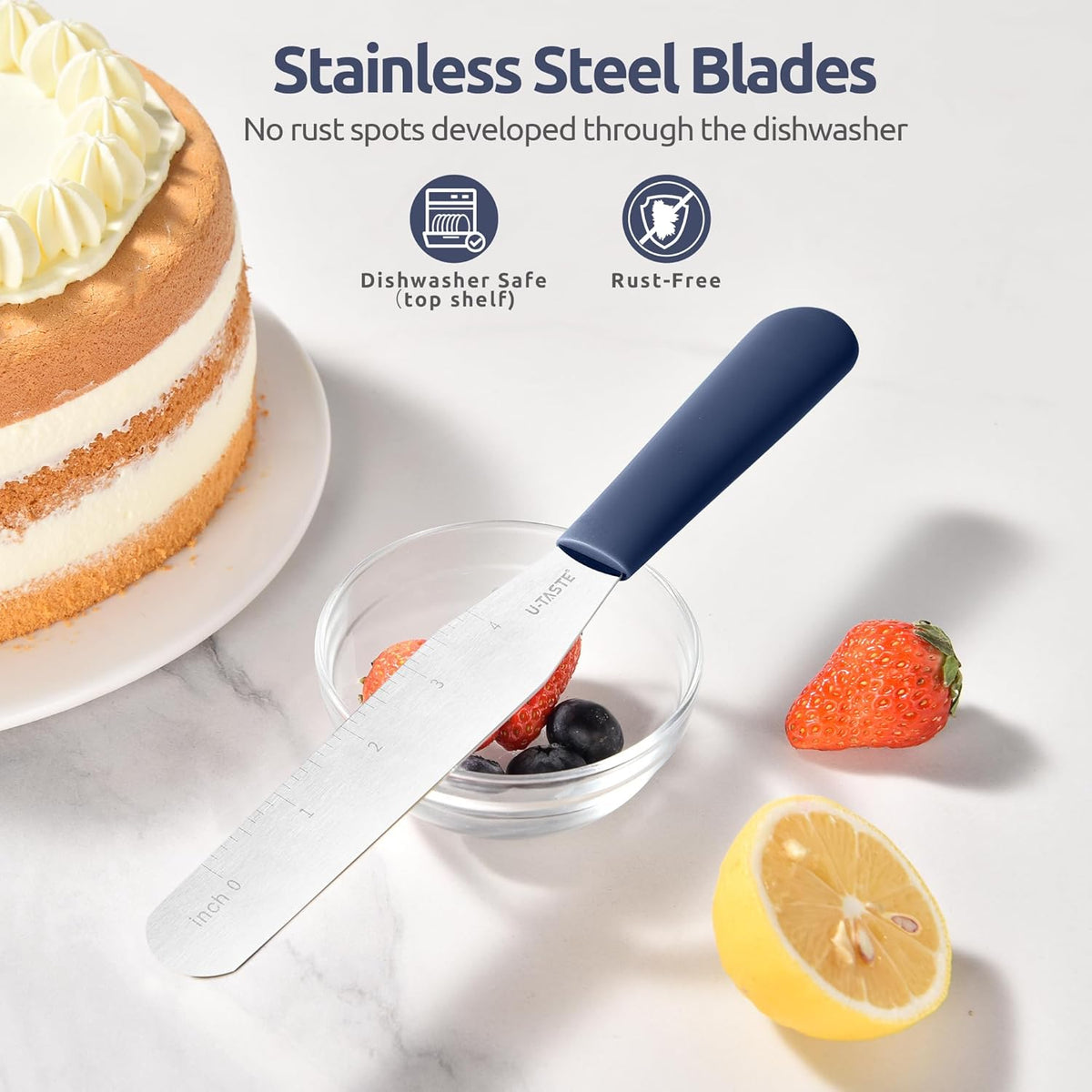 U-Taste 6in Cake Icing Spatula: Flexible Decorating Frosting Knife with Straight Thinner Stainless Steel Blade, Smooth Spreading Tools with Comfortable PP Handle for Cream, Cupcake (Midnight Blue)