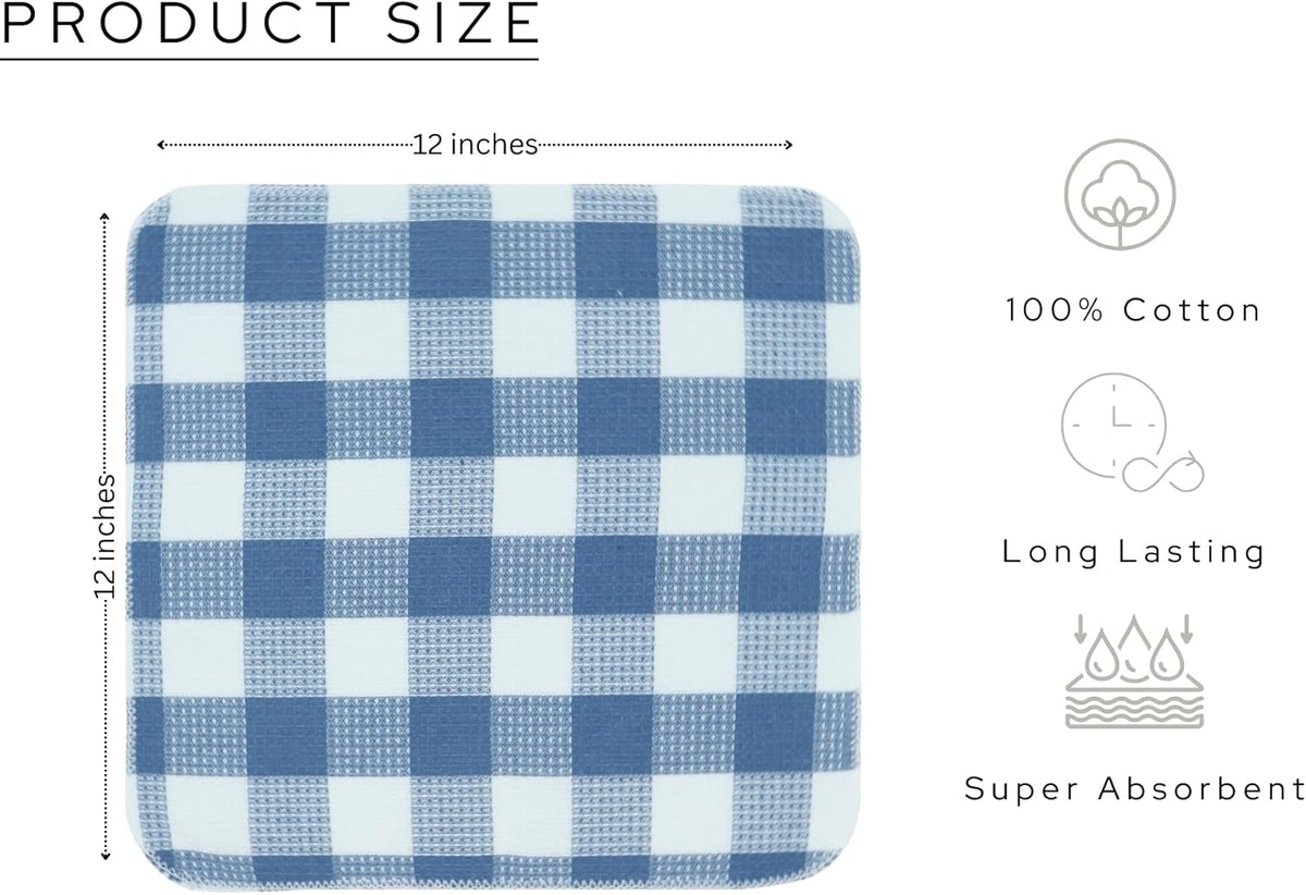 Waffle Weave Plaid Dish Cloths, 100% Cotton - 12 x 12 Inches, Ultra Soft Absorbent Quick Drying Dish Towels Buffalo Check Dish Rags for Kitchen, 8 Pack - Spring Summer - Smoky Grey and White