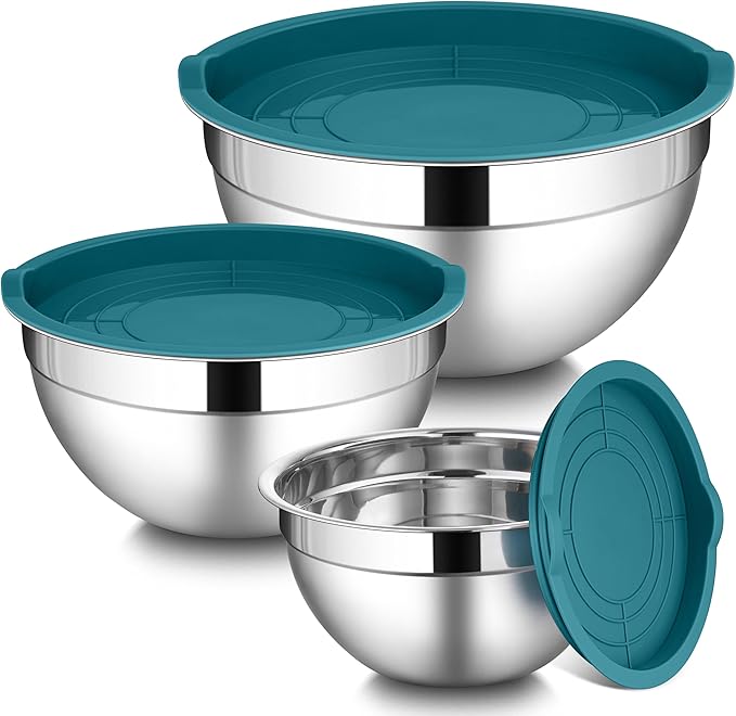LIANYU Mixing Bowls Set with Airtight Lids, Stainless Steel Large Metal Kitchen Bowls Set of 3, Dishwasher & Freezer Safe, 1.5QT & 3QT & 4.6QT, Blue