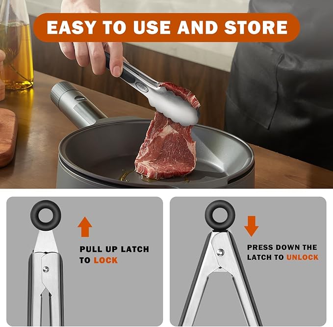 TACGEA Stainless Steel Kitchen Tongs, Silicone Non-slip Grip, Locking Grilling Food Tongs Set of 2, 9-inch & 12-inch