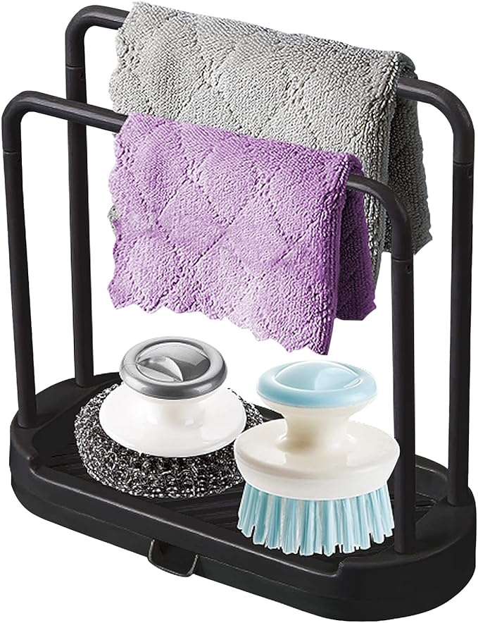 Kitchen Sink Rack Tray Organizer Stand for Sponge, Dish Cloth, Rag, Brush, Scrubber Storage and Organization (Black)