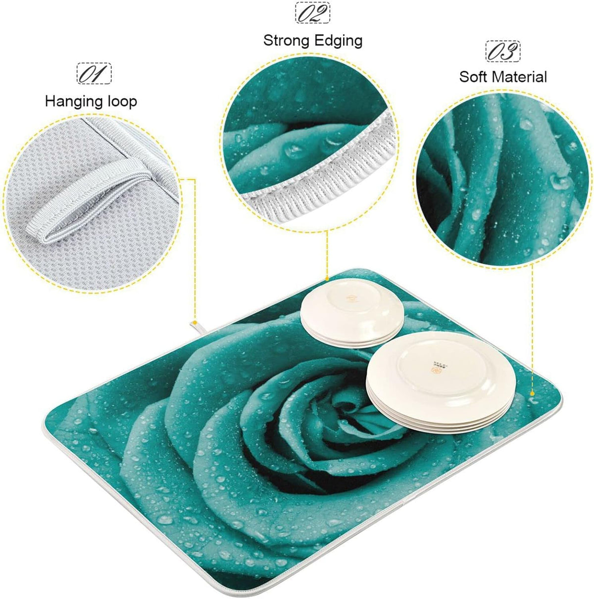 Super Absorbent Dish Drying Mat, Microfiber Fast-Drying Dish Mat, 16" x 18", Kitchen Dish Drying Pad Hipster Turquoise Rose Petals