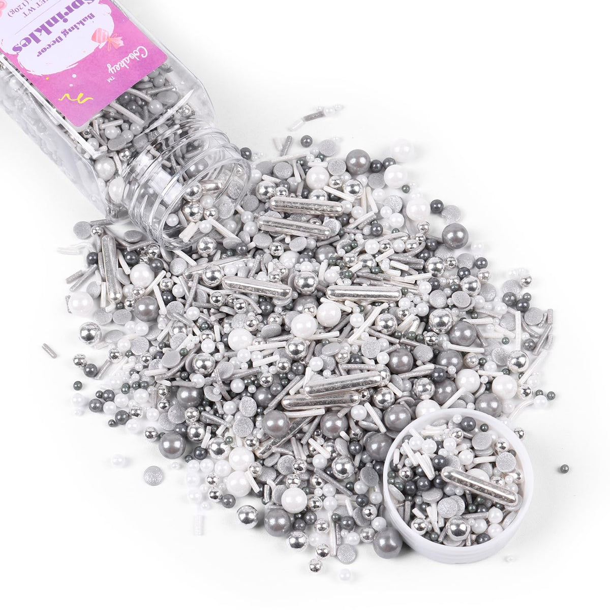 Gray & Sliver Sprinkles for Cake Decorating 4.23ounce - Sugar Mix Contains Metallic & Pearl Sprinkles for Cupcake Toppers, Ice Cream, Candy, Cookie Decorations - Holiday Party Supplies