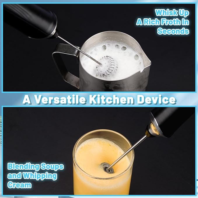 TonJin Milk Frother USB-C Rechargeable Handheld Frother Wand with 2 304 Stainless Whisks, New Upgraded 3 Speeds Coffee Whisk Frother Electric Drink Mixer for Lattes, Cappuccino, Egg, Matcha, Black