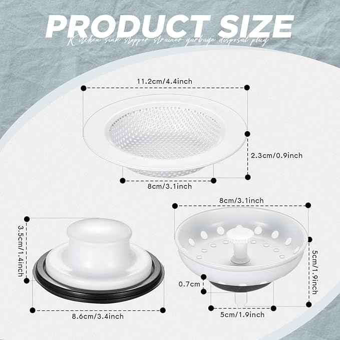 Mudder 3 Pcs Kitchen Sink Drain Strainer and Stopper Stainless Steel Garbage Disposal Plug with Handle Universal Anti-Clogging Kitchen Sink Filter Sieve Basket Strainer(Porcelain White)