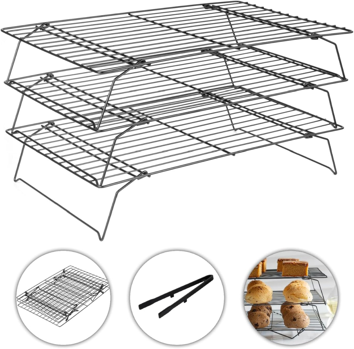 3-Tier Cooling Racks for Cooking and Baking - 13" x 9.6" Stackable Heavy Duty Stainless Steel Wire Rack for Baking, Grilling, Roasting - Oven & Dishwasher Safe - Black