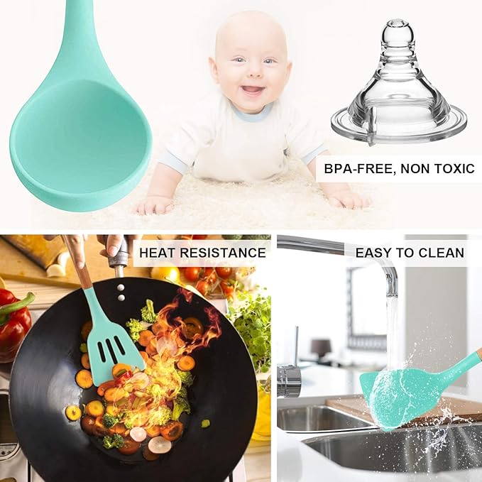 MIBOTE Silicone Cooking Kitchen Utensils Set with Holder, Wooden Handles Cooking Tool BPA Free Turner Tongs Spatula Spoon Kitchen Gadgets Set for Nonstick Cookware (Teal)