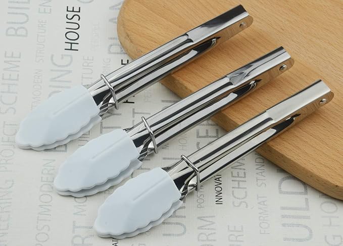 Small Serving Tongs with Silicone Tips 7-Inch Mini Tongs, Set of 3 (White)