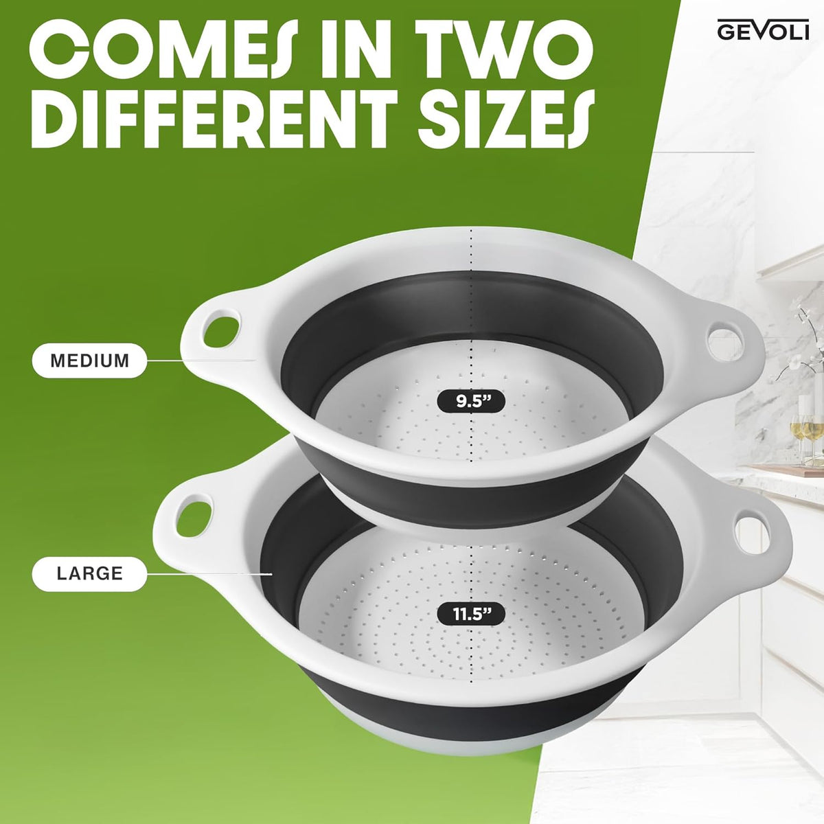 Collapsible Colanders (2 Pack Set) Food Strainers with Over-Sink Water Draining Base for Pasta Fruits and Vegetables (4 and 5 Quart) - White Gray