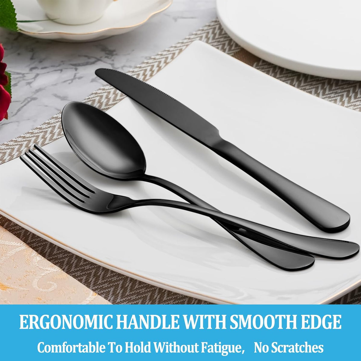 60 Pcs Black Silverware Set, Stainless Steel Serving Sets Service for 12, Mirror Polished Serving Utensils Set, Durable Home Kitchen Eating Tableware Set, Include Fork Knife Spoon Set,Dishwasher Safe