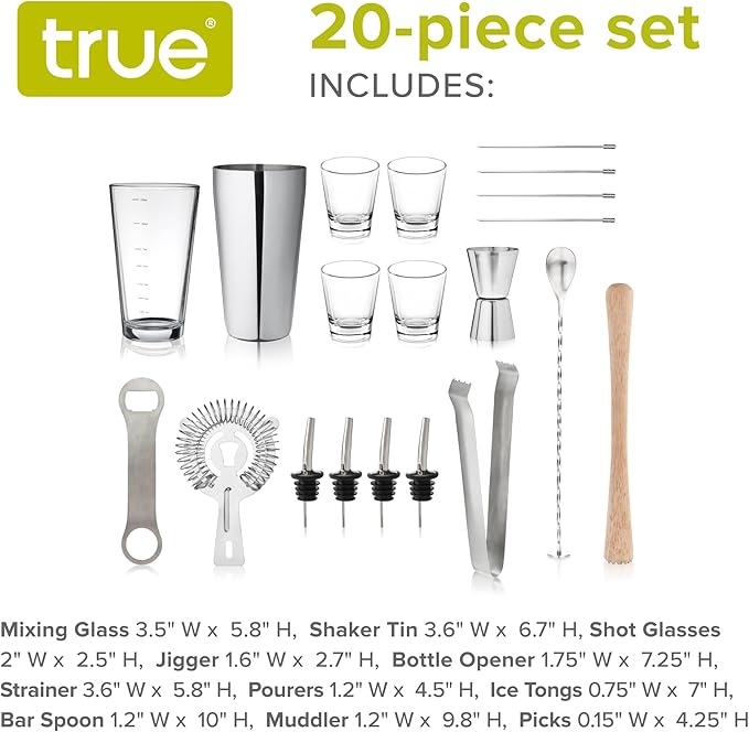 True 20-Piece Cocktail Shaker Bar Set with Wooden Stand Includes Boston Shaker, Mixing Glass, Muddler, Jigger, Strainer, Bartender Kit for Mixed Drinks, Cold Brew Cocktails, Home Bar Tools