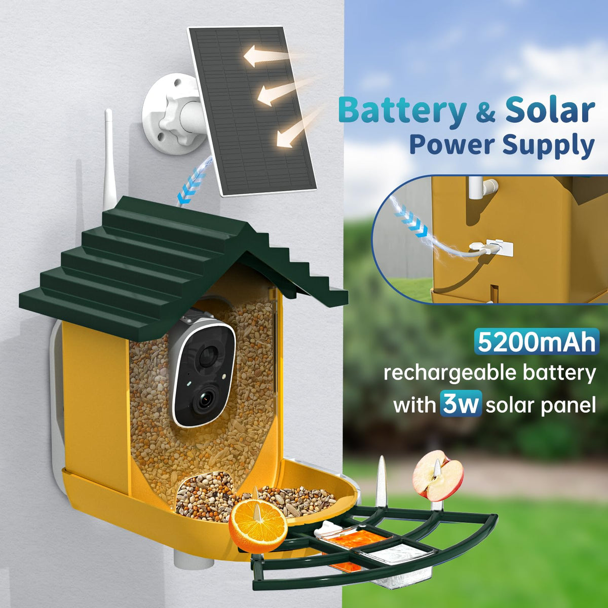 NAVFS Smart Bird Feeder with Camera Solar Powered & AI Bi rd Identification, 2.4Ghz WiFi Bird feeders for Outdoors, 2K Live Video, Instant Arrival Alerts-Green-Yellow