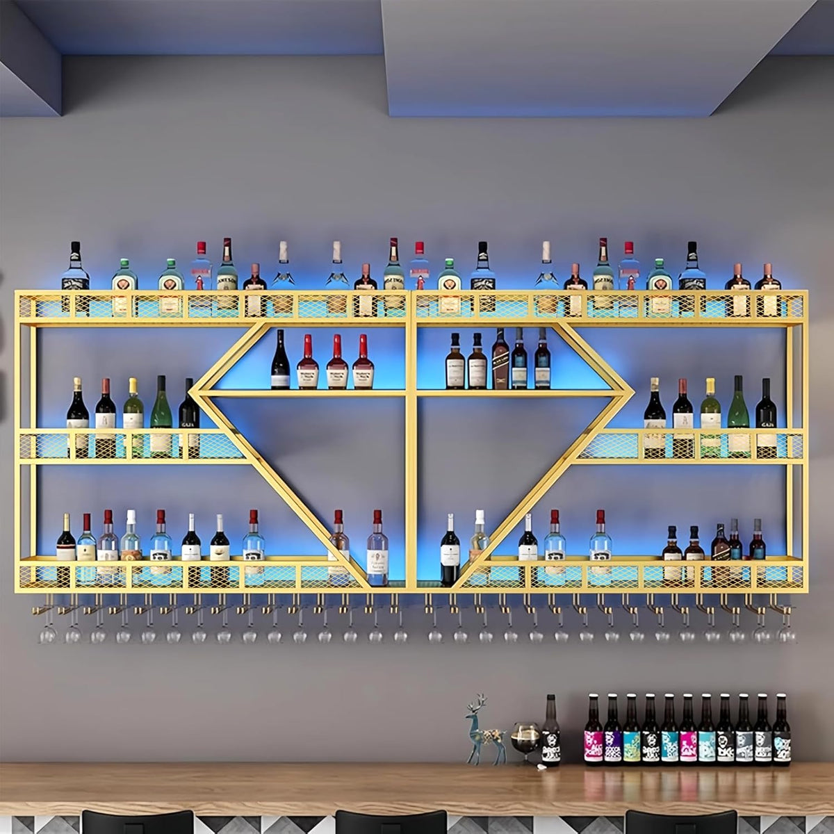 63in Metal Wine Rack Wall Mounted, Modern Wine Storage Rack Wall Mounted with Wine Glass Holder, Liquor Shelf, Bar Shelves for Liquor Bottles (3TIERS Gold, 63 * 7.87 * 33.85INCH)