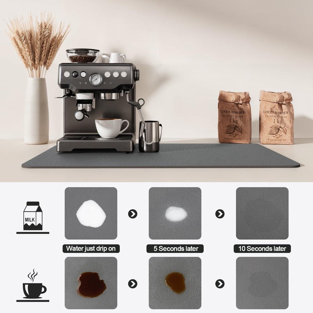 Dish Drying Mat for Kitchen Counter | Coffee Bar Mat for Countertops | Heat Resistant Drainer Mat with Non-slip Rubber Backed | Hide Stain Kitchen Absorbent Draining Mat | Dark Grey 18"x24"