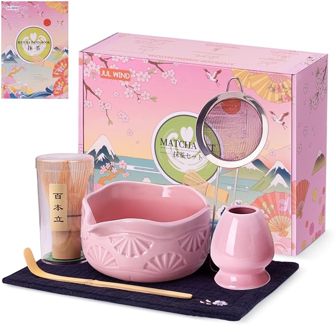 Matcha Whisk Set, Ceramic Matcha Set Includes Matcha Bowl with Spout, Matcha Whisk and Holder, Bamboo Scoop, Sifter and Tea Towel - 6 Pcs Matcha Kit Gift for Matcha Lovers (Pink)