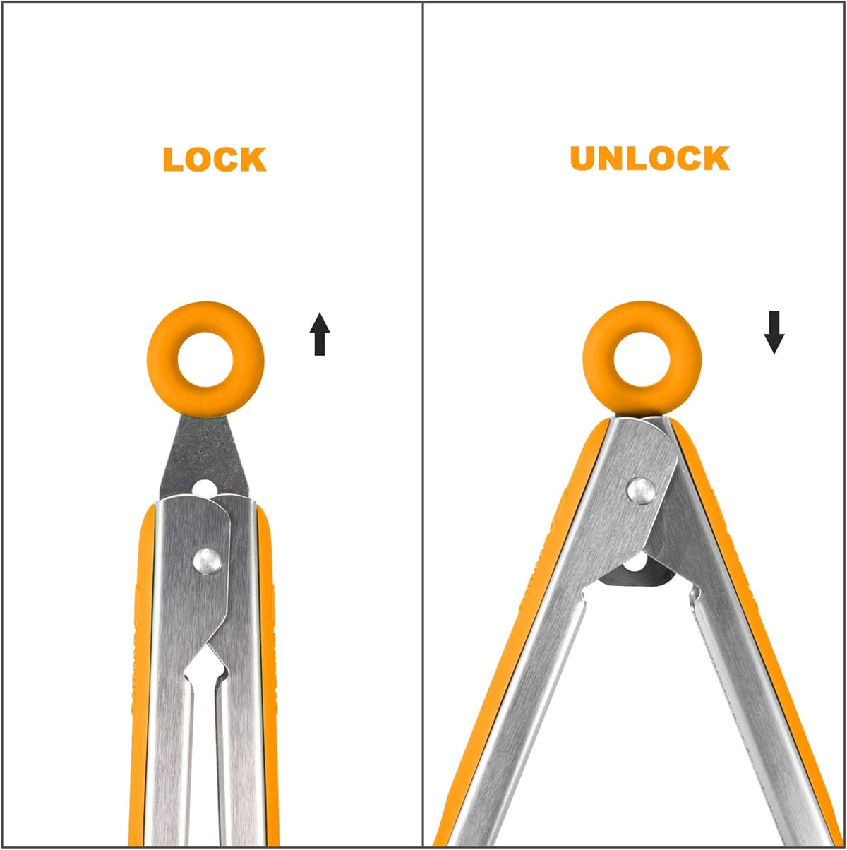 304 Stainless Steel Kitchen Cooking Tongs, 9" and 12" Set of 2 Sturdy Grilling Barbeque Brushed Locking Food Tongs with Ergonomic Grip, Orange