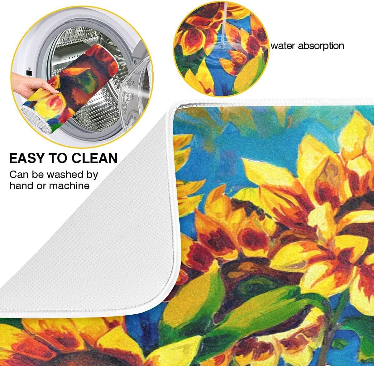 Super Absorbent Dish Drying Mat, Microfiber Fast-Drying Dish Mat, 16" x 18", Kitchen Dish Drying Pad, Sunflowers