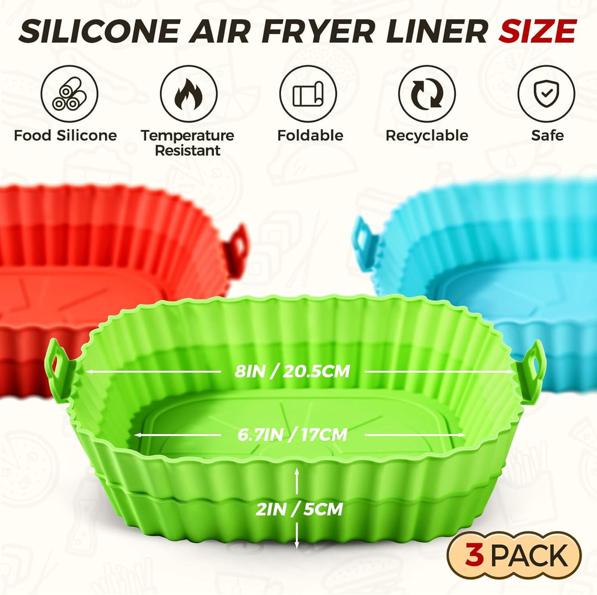 Buauty 3 Pack Air Fryer Silicone Liners 8inch, Reusable Food Grade Silicone Airfryer Liners, Baking Basket Accessories, Replacement of Flammable Disposable Parchment Paper