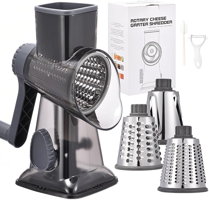 Rotary Cheese Grater with Handle Kitchen Shredder Slicer Grater Slicer Ice Shaver Cheese Vegetable Nuts Potato Zucchini Chocolate 3 Interchangeable Blades (Grey TSP)