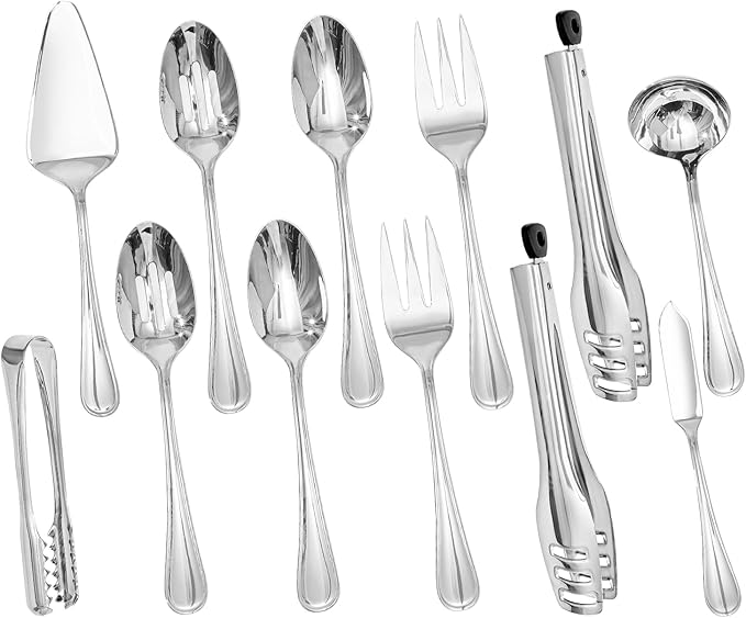 KINGSTONE 12 Piece Teardrop Serving Utensils Set, 18/10 Stainless Steel Serving Utensils, Slotted Spoons, Forks, Tongs, Cake Server, Butter Knife for Buffet, Catering, Wedding, Party