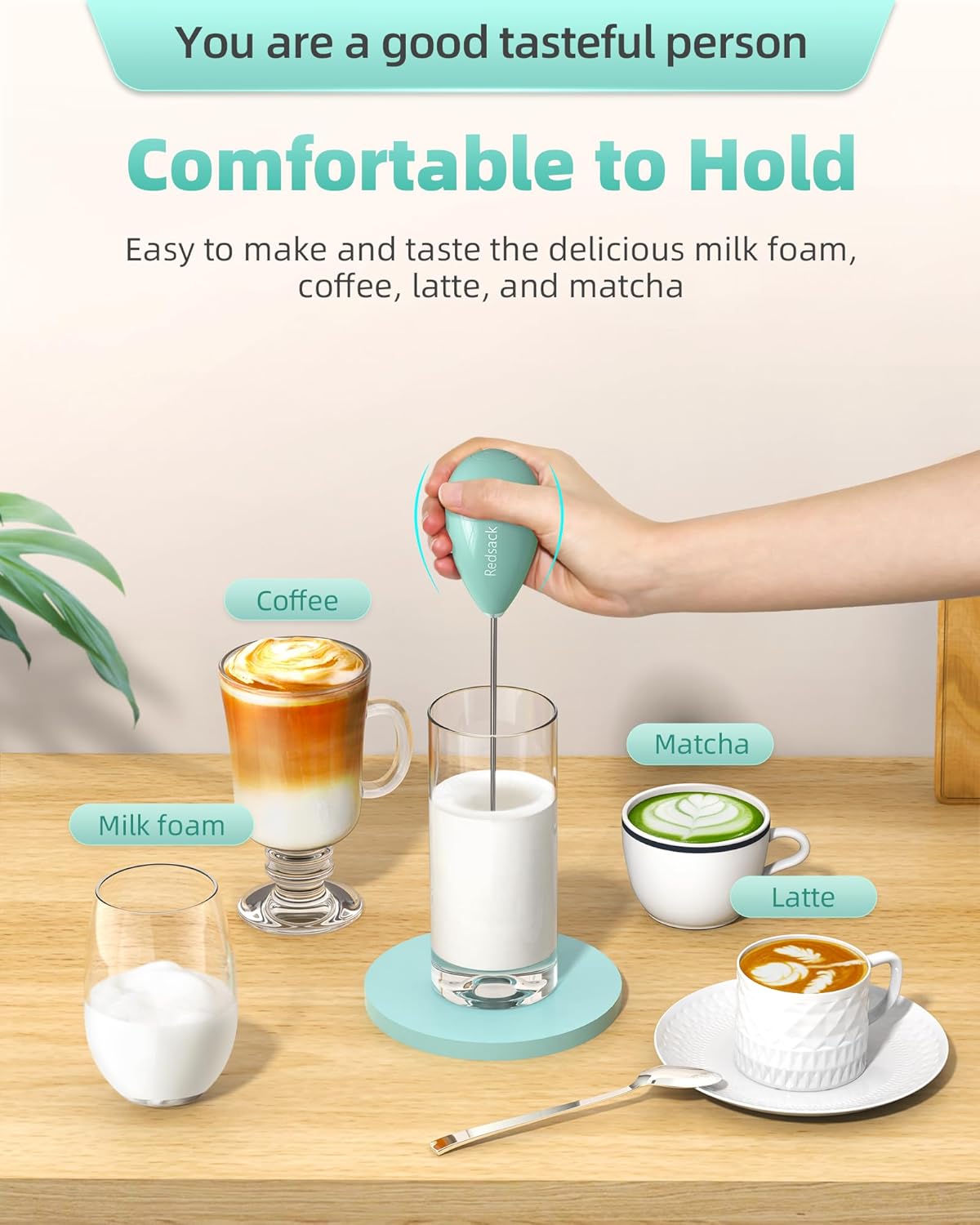 Milk Frother Handheld with Case,USB C Rechargeable Frother Wand for Coffee, Portable Electric Whisk with Stand,Waterproof Hand Drink Mixer Travel for Lattes, Cappuccino, Matcha, Egg (Teal)