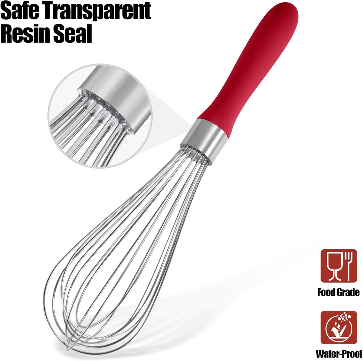 18/8 Stainless Steel Balloon Whisk, Doosu Kitchen Whisk for Cooking Handheld Egg Beater with Rust-Proof Sturdy Wires & Non-Slip Silicone Handle for Beating, Stirring, Blending (8 Wires, Red)