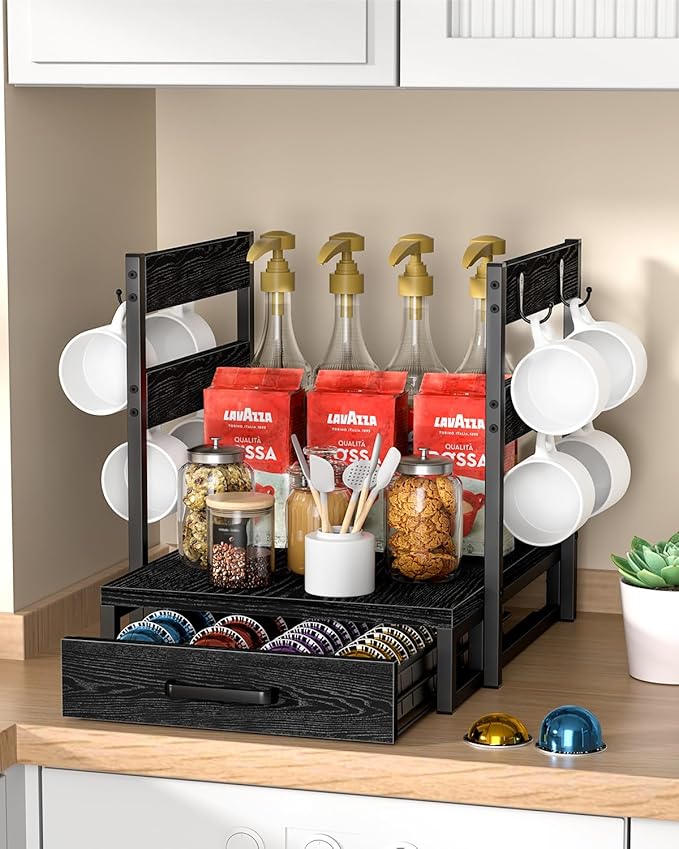Evermagin Coffee Pod Holder Compatible with Nespresso, Vertuo Pod Holder for 56 Small or 28 Large, Nespresso Capsule Organizer Drawer Coffee Maker Station with Cup Rack, Black