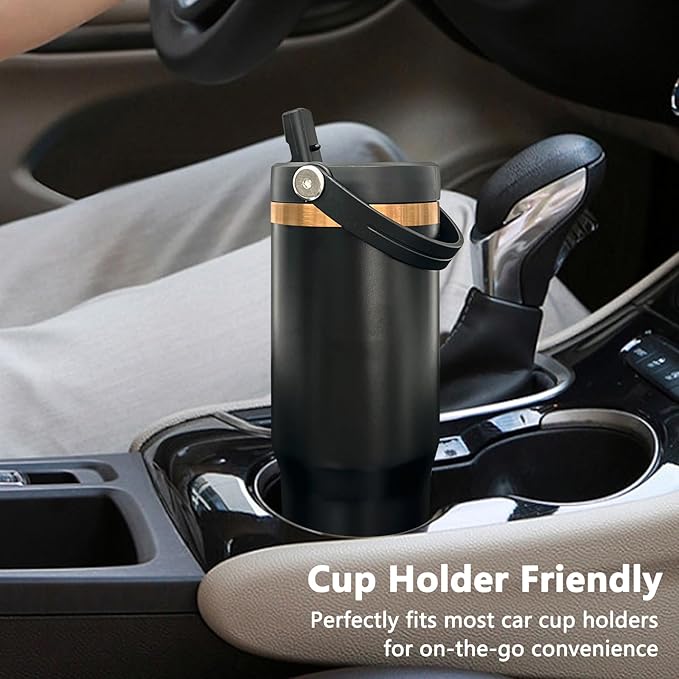 30 oz Tumbler Bulk with Handle and Straw, Vacuum Insulated Tumblers with Flip Straw and Top Handle, Leakproof Powder Coated Tumbler, Stainless Steel Travel Mug for Coffee Water (Black, 4 Pack)